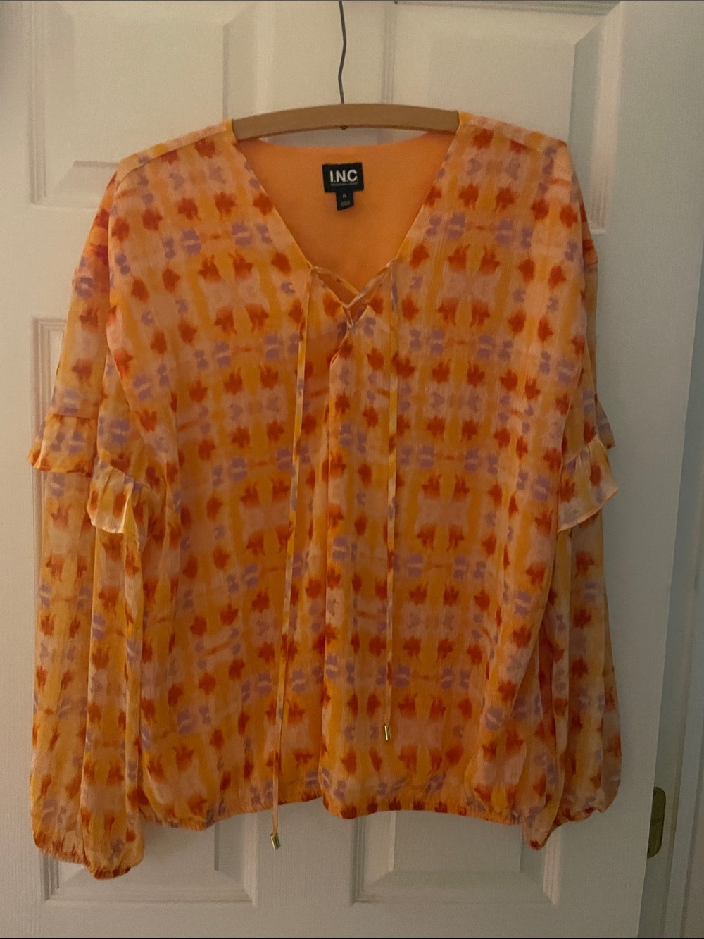 INC International Concepts Peach-Orange Floral Tie-Front Blouse